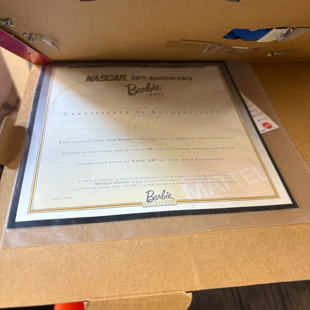 1998 50th Anniversary Nascar Barbie Hot Wheels Non-Mint Box Certificate Included